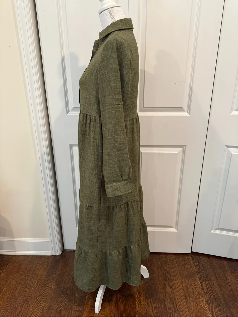 Max Studio London Olive Green Tiered Maxi Dress XS Boho